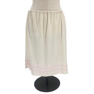 Vintage 60s Cream & Pink Floral Eyelet A-Line Lace Skirt Elastic Waist Feminine
